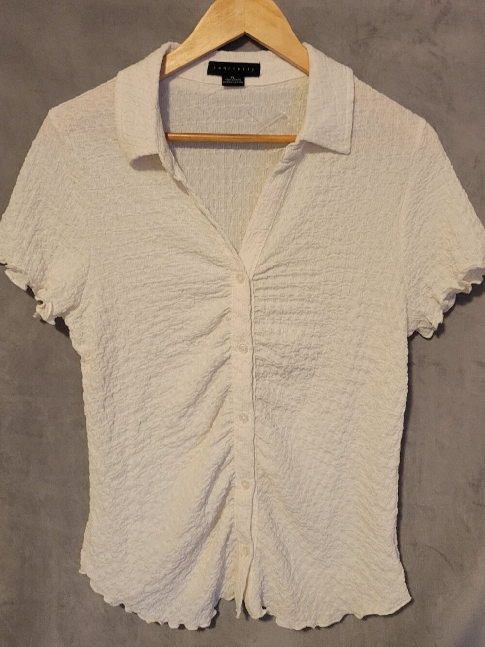 Sanctuary Cream Textured Knit Short Sleeve Button Front Crinkle Blouse XL NEW